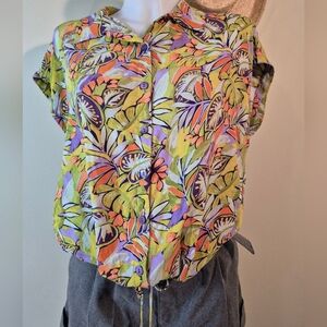 Tropical Floral Print Rayon Sleeveless Blouse By PURE Essence Canada Tie Waist